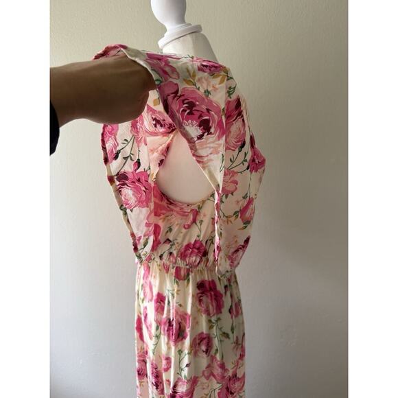 Aakaa Women's Formal Floral Smocked Off Shoulder Pink Roses Maxi Dress Sz Small - Picture 4 of 10
